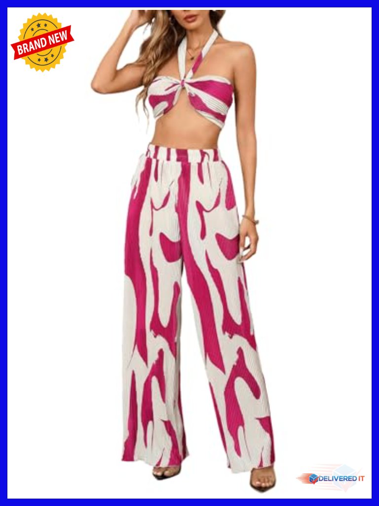 Women's 2 Piece Vacation Outfits Graphic Print Knitted Crop Top And Wide Leg